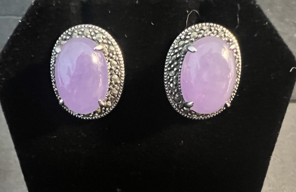 Purple Jade and Marcasite Earrings 925 Sterling Silver Vintage